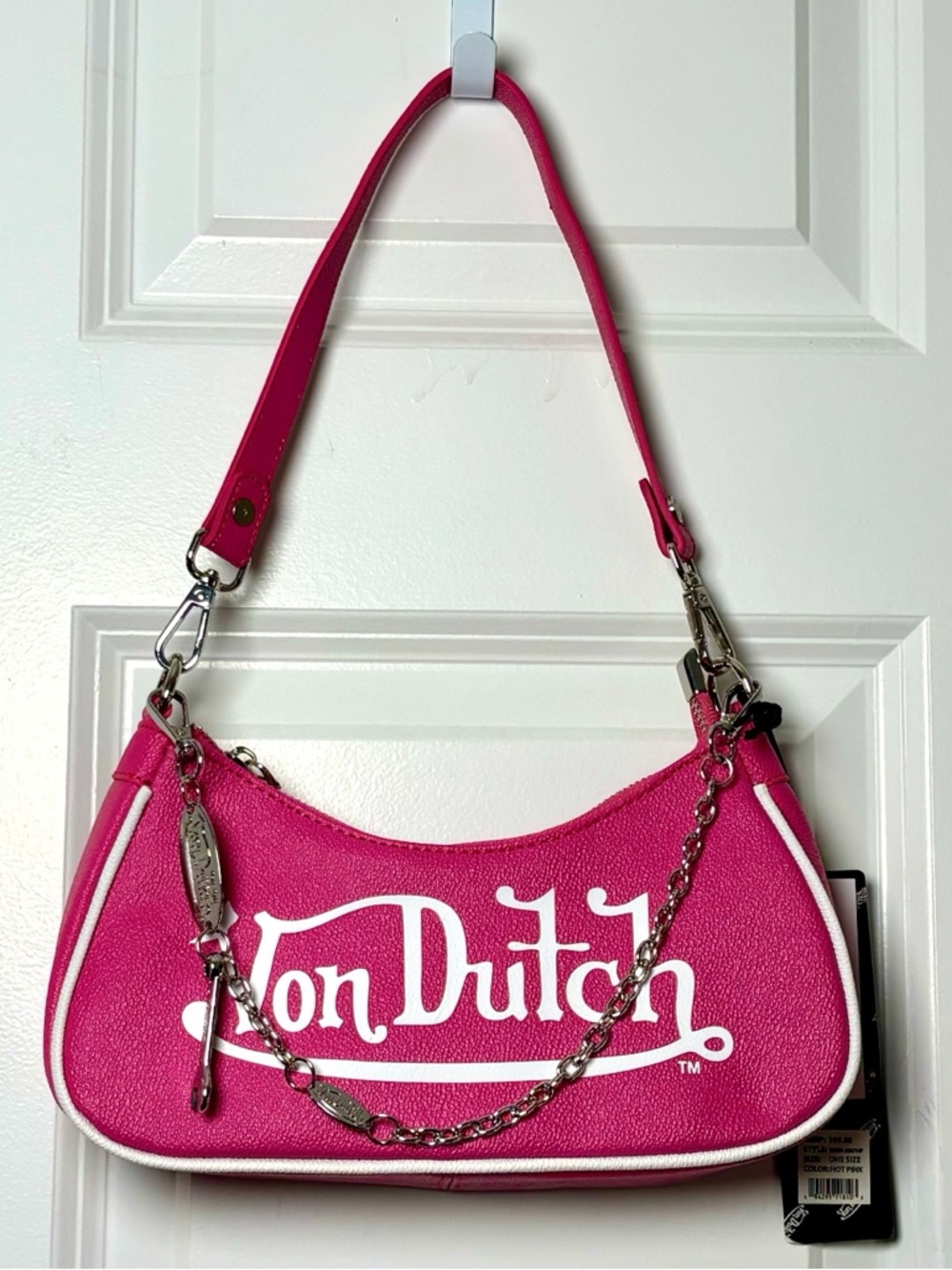 Von Dutch Hot Pink w/ White Trim Logo Shoulder Handbag Silver Chain Purse Charms